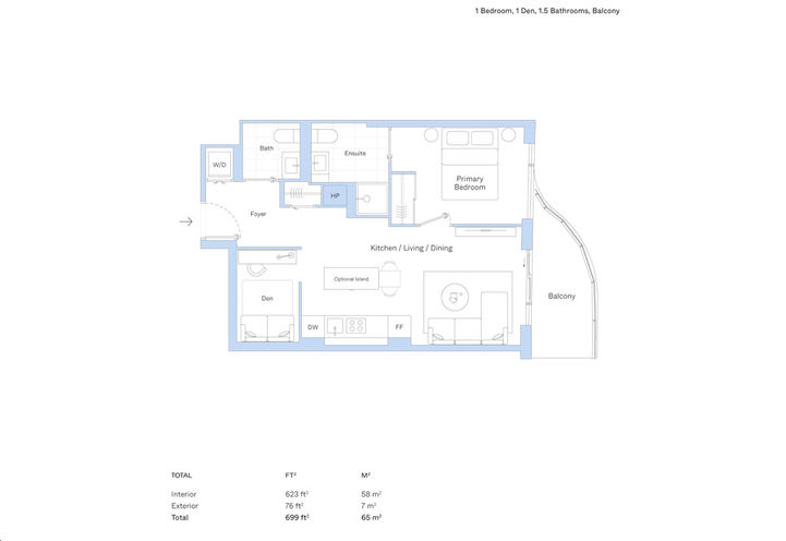 Alba Condos 1 Bedroom, 1.5 Bathroom plus Den Sample Floorplan