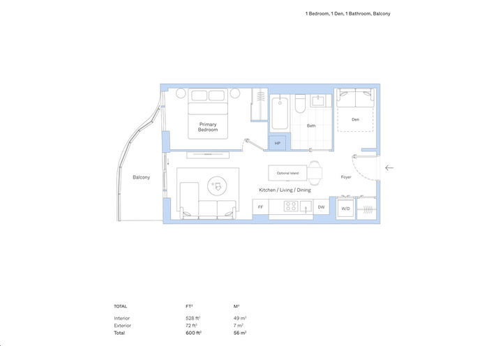 Alba Condos 1 Bedroom, 1 Bathroom plus Den Sample Floorplan