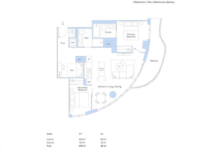 Alba Condos 2 Bedroom, 2 Bathroom plus Den Sample Floorplan
