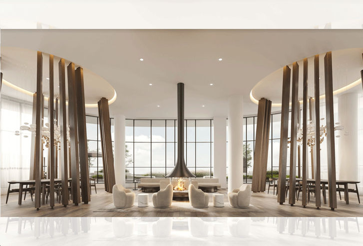 Alba Condos View of Interior Amenity Space with Fireplace and Seating