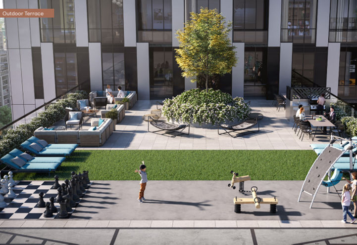 Verge Condos Outdoor Terrace with Lounge Seating and Play Areas