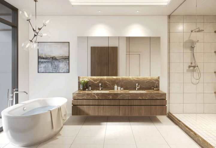 Penthouse Bathroom with Shower, Vanity, and Free Standing Bathtub