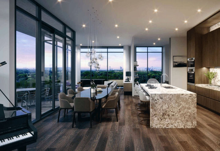Penthouse Interiors with Kitchen, Dining Table, Balcony, Piano