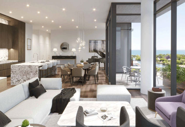 Penthouse Interiors with Living Space, Balcony, Kitchen