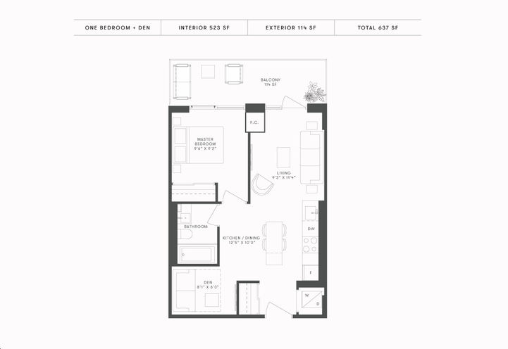 Brightwater Condos, One Bedroom plus Den Sample Floorplan