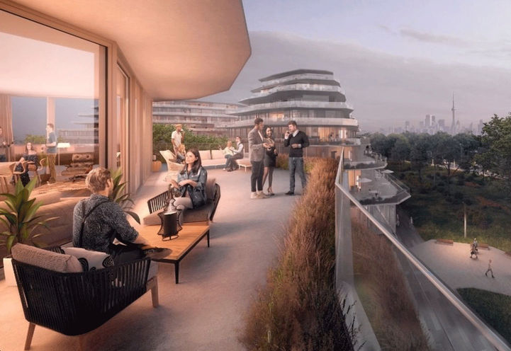 Residents Enjoying Outdoor Terrace with View of Toronto Skyline