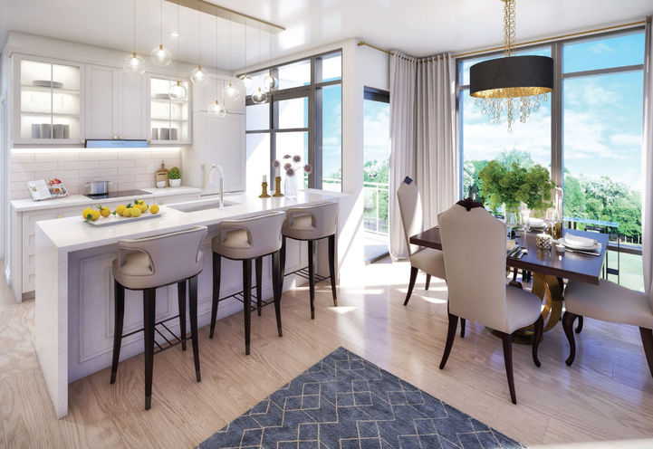 Edge Tower Kitchen With Island and and High Chairs and Dining Room