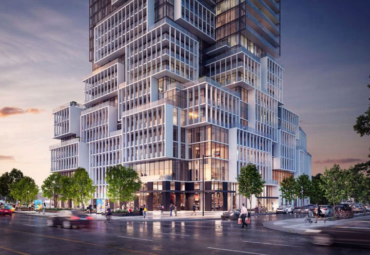 M City Condos 4 Street Level View of Podium at Dusk