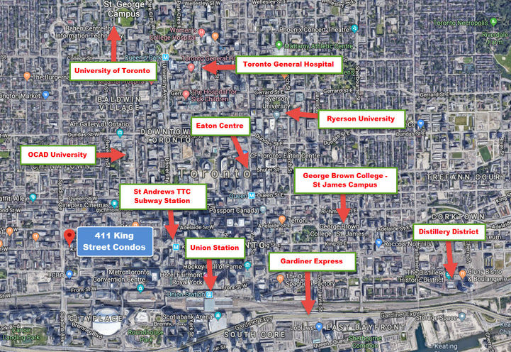 Surrounding Area Aerial Map View of 411 King St Condos