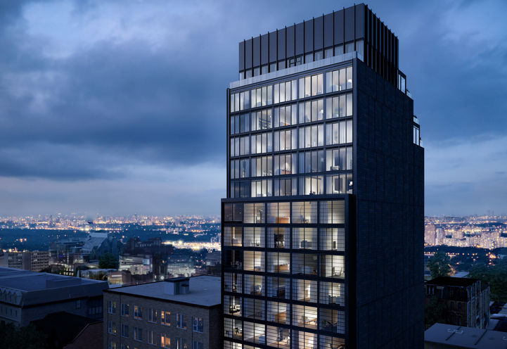 Exterior Rendering at Dusk- Woodsworth Condos