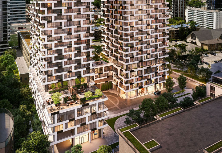 Looking to the Podium View of 65 Broadway Avenue Condos