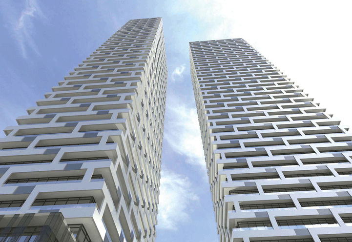 Looking up at 65 Broadway Condos Early Rendering