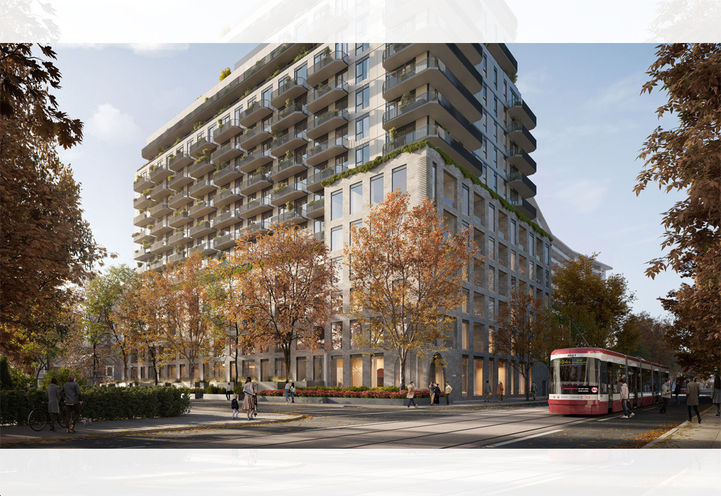 8 Temple Condos Exterior View of Building's Lower Levels