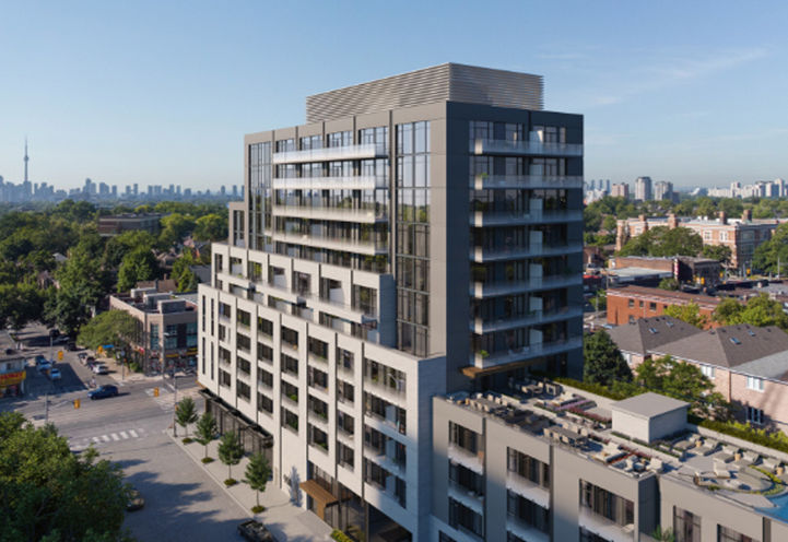 908 St. Clair West Condos Exterior with Downtown Skyline in Background