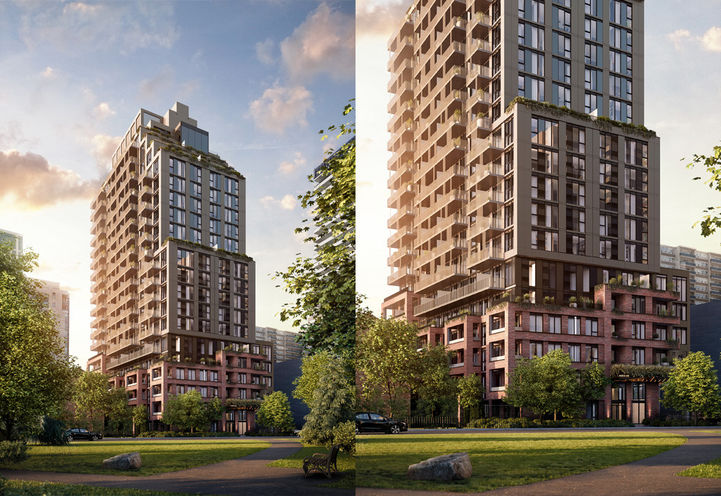 AKRA Condos Split Screen Exterior View of Tower and Lower Levels