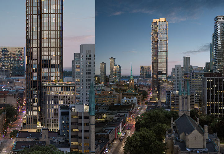 ALiAS Condos Split Screen View of Tower at Dusk Against Skyline