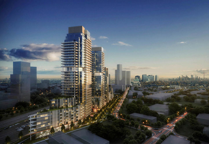 Arcadia District Condos Side View of Building at Dusk Former Design