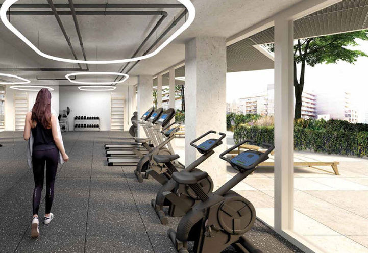 Looking at Outdoor Terrace from Inside Fitness Studio at BIG King