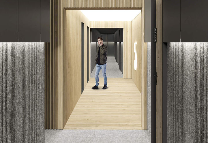 View down the residential corridors looking towards the elevator Lobby