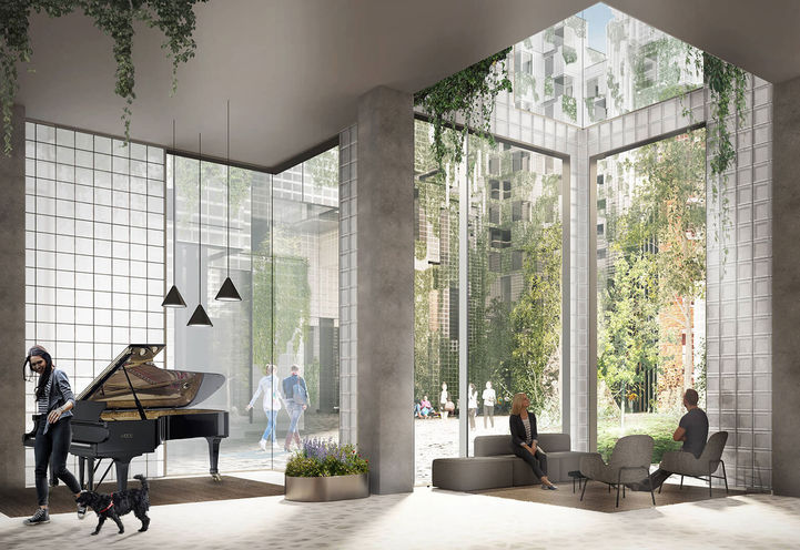 View inside the East atrium looking outside towards the Courtyard