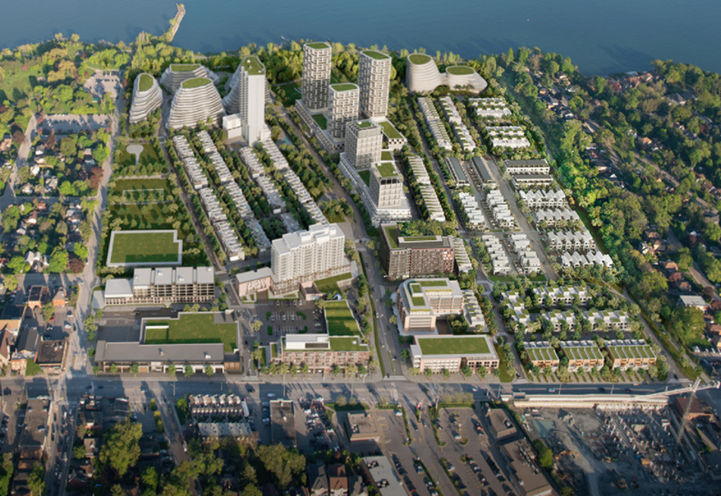 Bridge House at Brightwater Condos Aerial of Community Looking to Lake