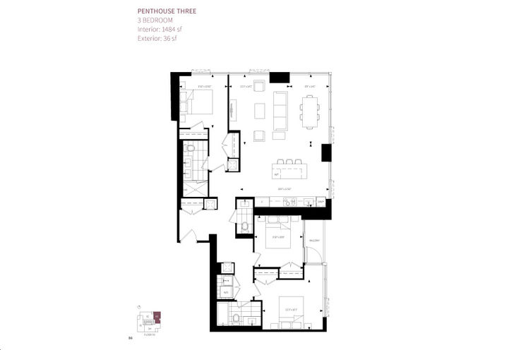 Burke Condos, Penthouse Level Three Bedroom Sample Flooplan