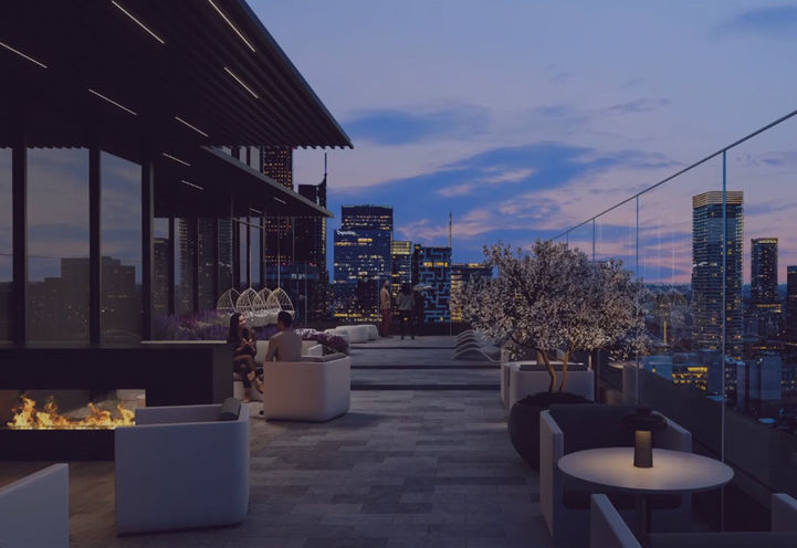 Celeste Condos Outdoor Terrace with Seating and Fireplace