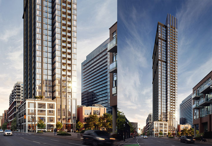 Celeste Condos Split Screen of Lower Levels and Tower Exteriors
