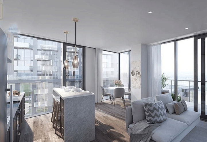 Clockwork Condos One Bedroom Suite with In-suite Laundry ,Living room and Kitchen Island