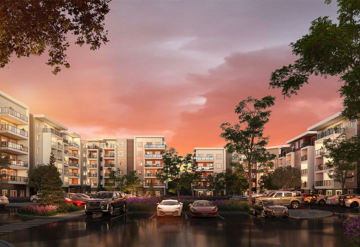 Clover in Carrington Calgary Building Exteriors - Parking Lot at Dusk