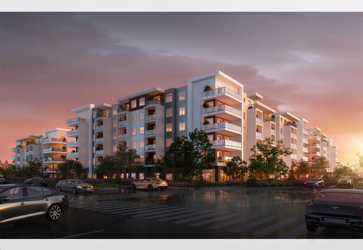 Clover in Carrington Calgary Exterior View of Building at Sunset