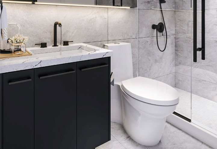 Concord Sky Condos Dark Coloured Bathroom