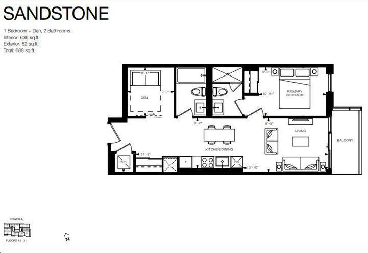 Design District Condos Hamilton - Sandstone 1Bed plus Den Floorplan