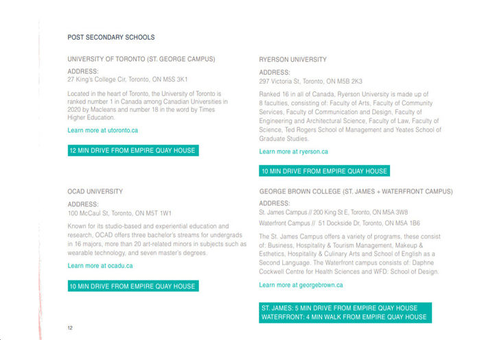 Easy Access from Empire Quay House Condos to Post Secondary Schools