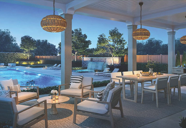 Eversley Estates Homes Backyard with Pool, Seating, and Dining Areas