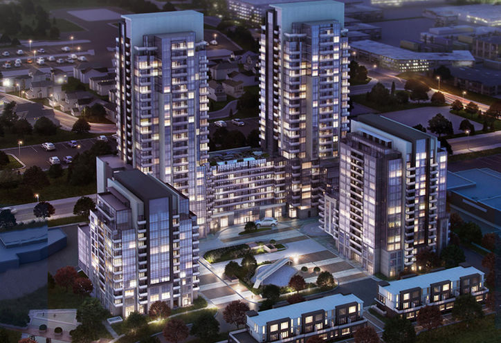 Four Me Condos Exterior View of Condos at Dusk Rendering