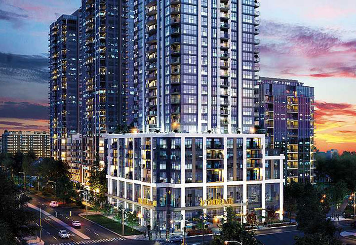 Four Me Condos Exterior View of Lower Levels at Dusk Rendering