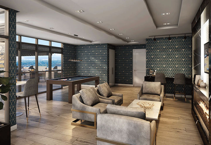 Four Me Condos Sports Lounge Area with Pool Table, TV and Fireplace