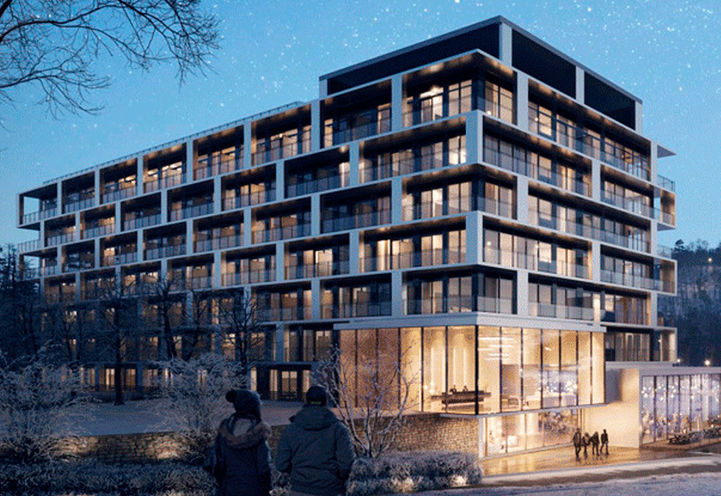 Freed Horseshoe Residences Close Up of Building Exterior In The Winter