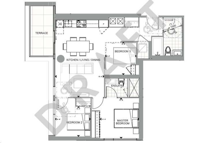 3 Bedroom Floorplan at Galleria on the Park