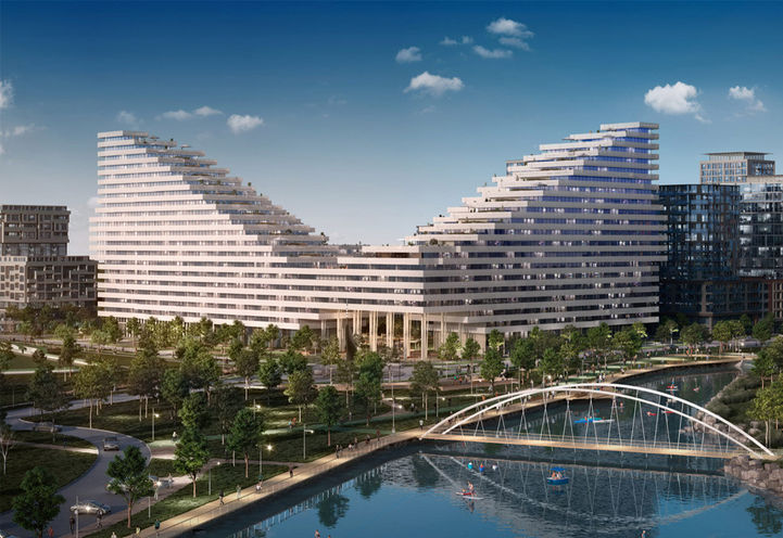 Harbourwalk Condos Hero Shot of Building From Across the Lake