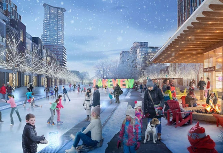 Harbourwalk Condos at Lakeview Village Winter Scene - Outdoor Skating Rink