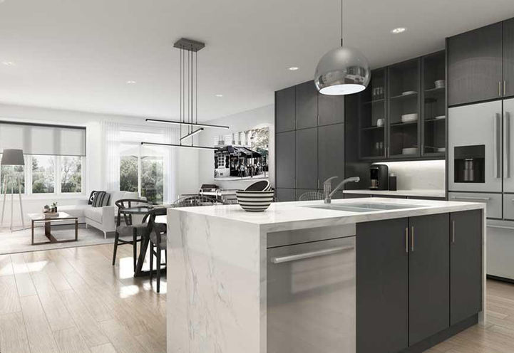View of the Living Room from Kitchen Area with Countertop in Sight