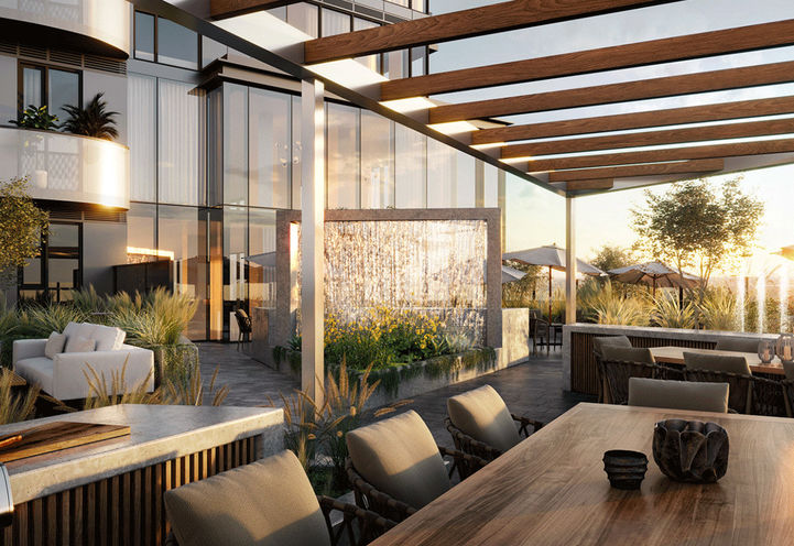 Hillmont at SXSW Condos Rooftop Terrace and Dining Area Sunset View