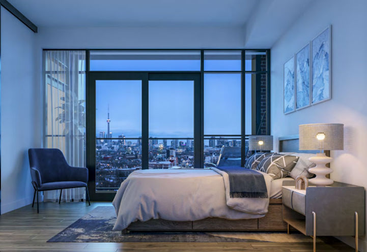House of Assembly Condos Suite Bedroom with View of City Skyline