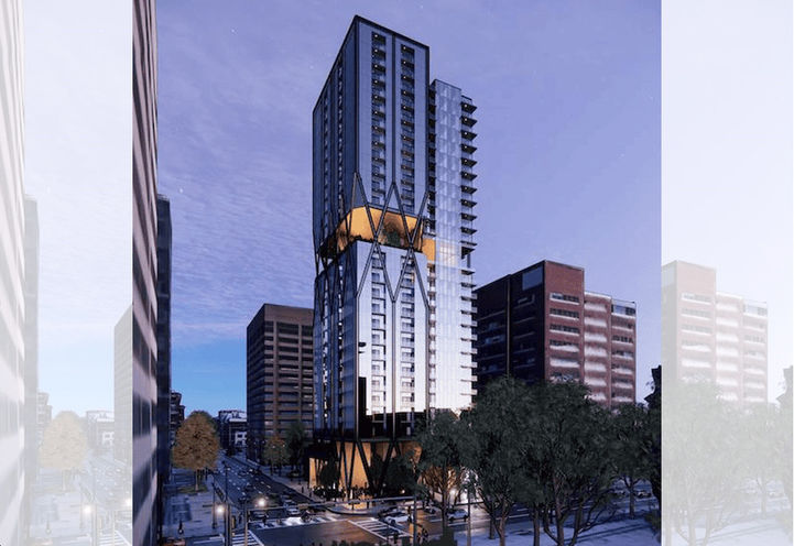 Imperia Condos Calgary Exterior View of Tower at Dusk