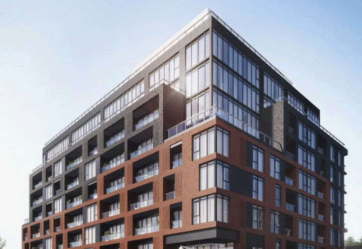 James House Condos- Looking up at the Top Building Exterior Finishes from Podium Level