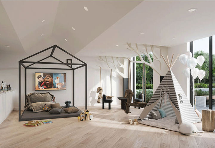 King Terraces Condos- Indoor Kids Room with Playhouse, Swings and  Seating