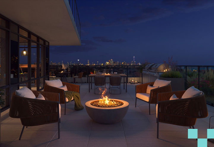 Lakeview DXE Club Outdoor Terrace with Fire pit and Seating