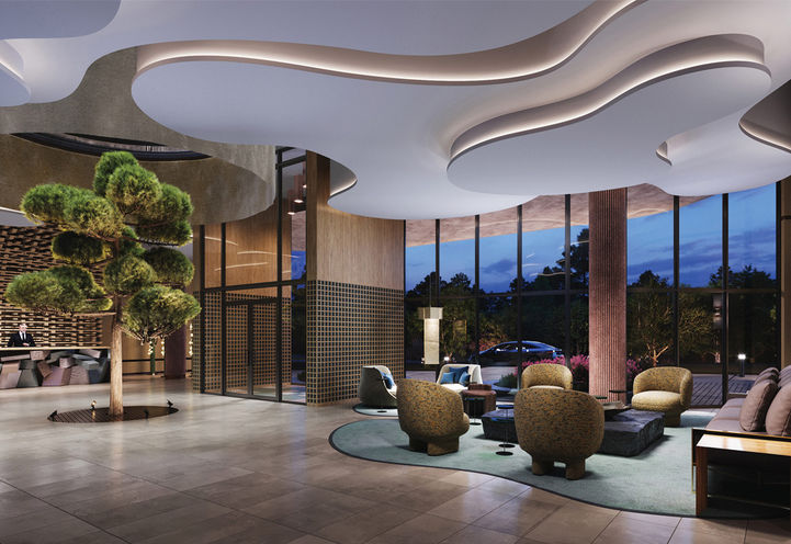 Lily at Crosstown Condos Lobby Lounge at Evening